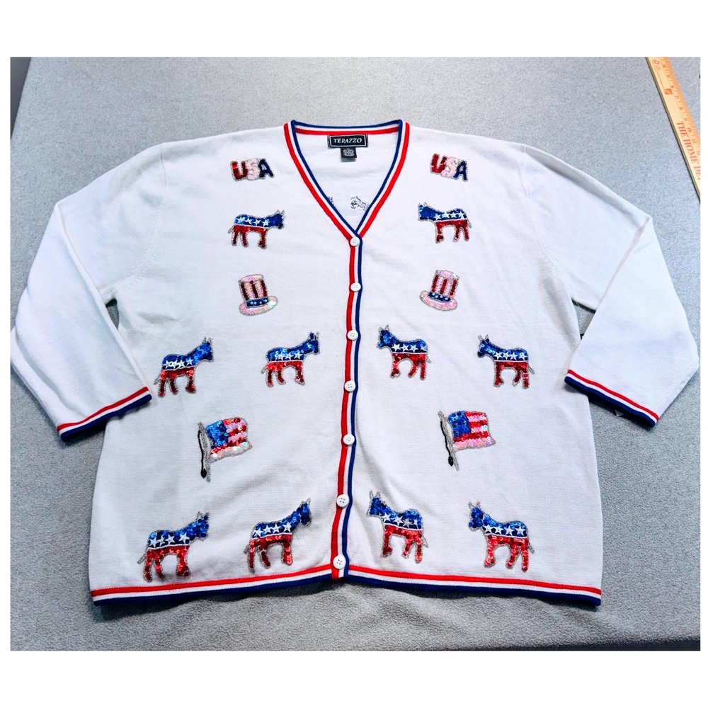 Terazzo Cardigan Womens 3X White Sequin Democrat Donkey USA Patriotic Sweater